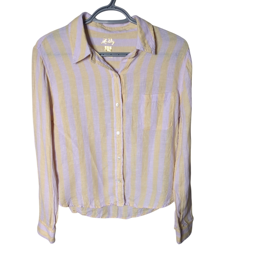 Lilly Pulitzer Coralynn Button Down Shirt 100% Linen Yellow/Purple‎ Stripes